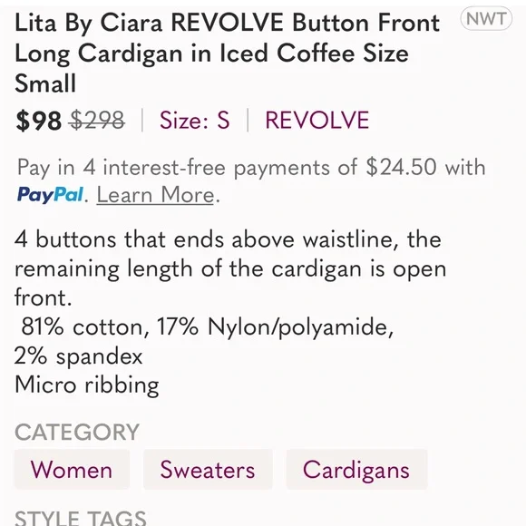 131. Revolve Lita by Ciara Long Duster Sweater Iced coffee various sizes